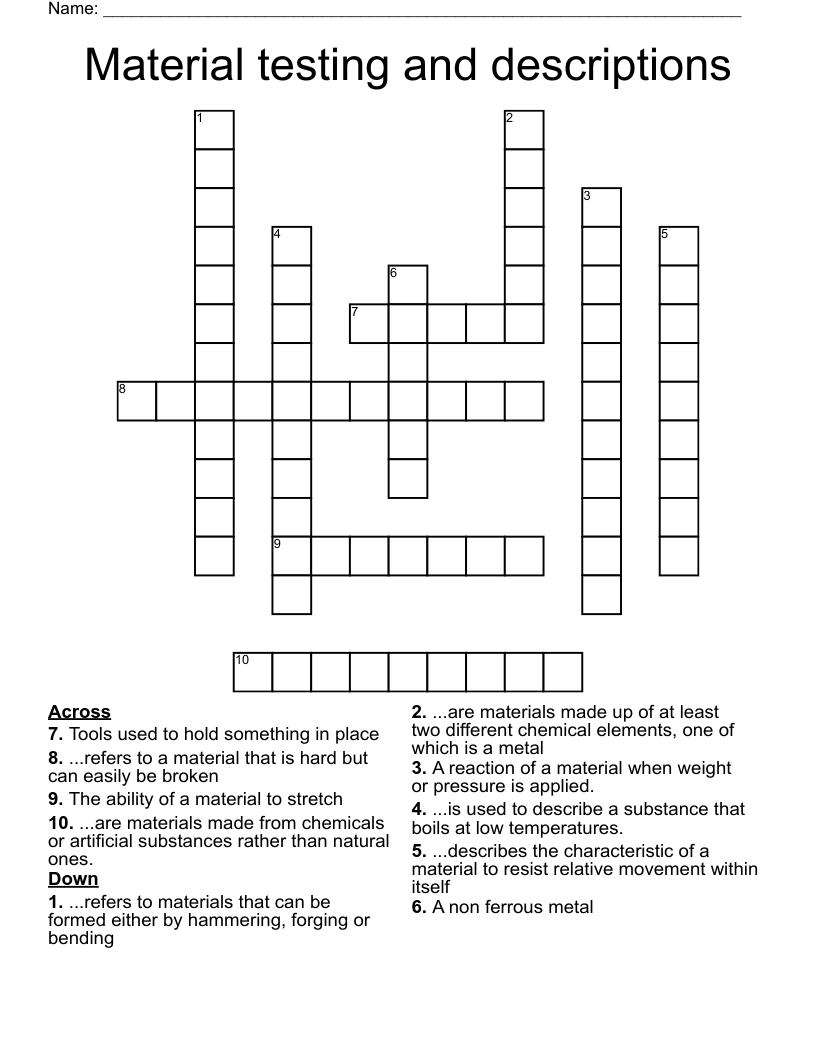 Material testing and descriptions Crossword