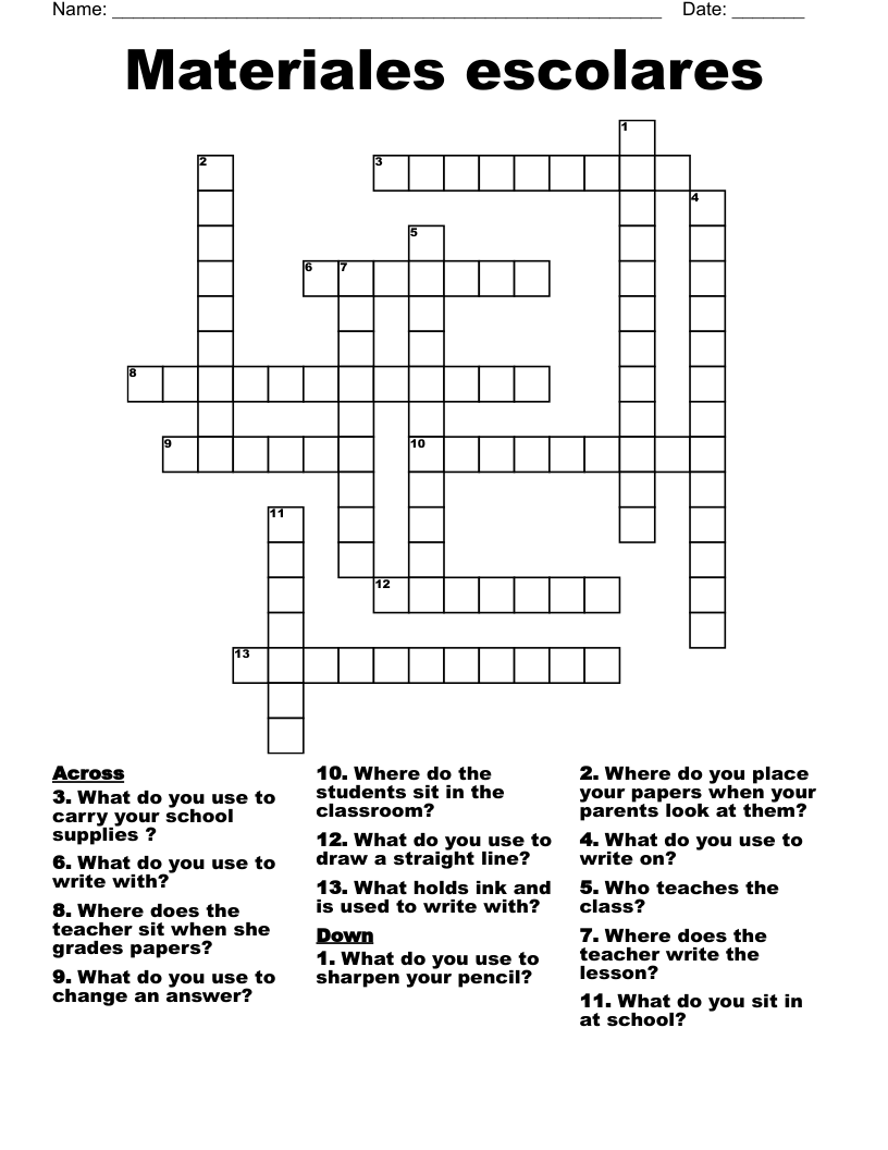 Materiales escolares Crossword