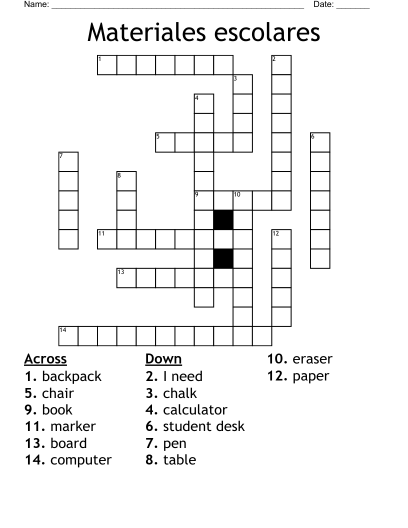 Materiales escolares Crossword