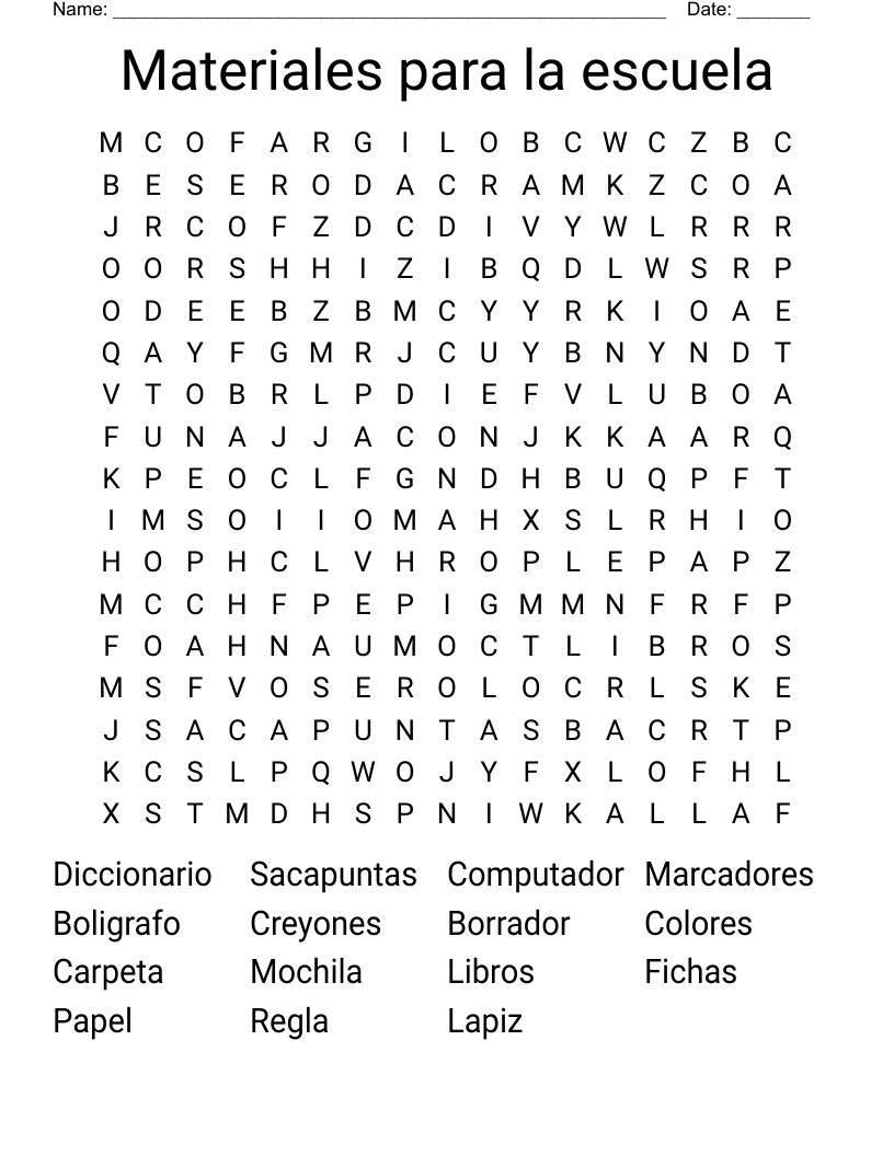 Materiales para la escuela Word Search