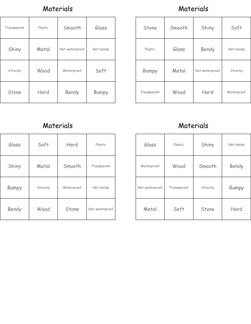 Materials Bingo Cards