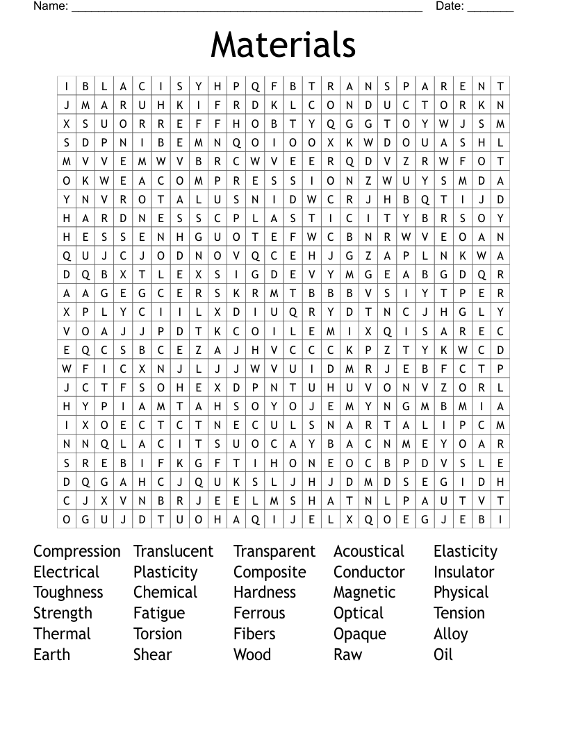 Materials Word Search