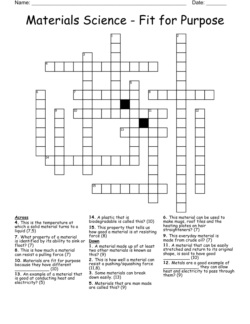 Materials Science - Fit for Purpose Crossword