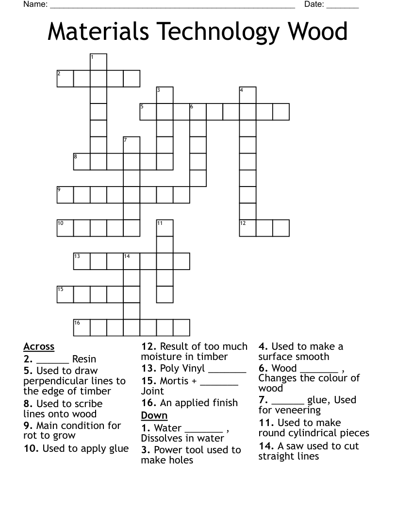 Materials Technology Wood Crossword