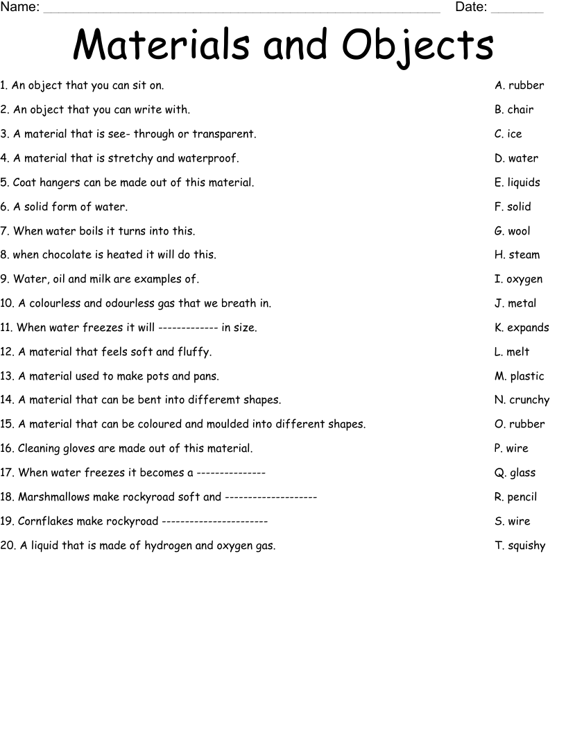 Materials and Objects Worksheet