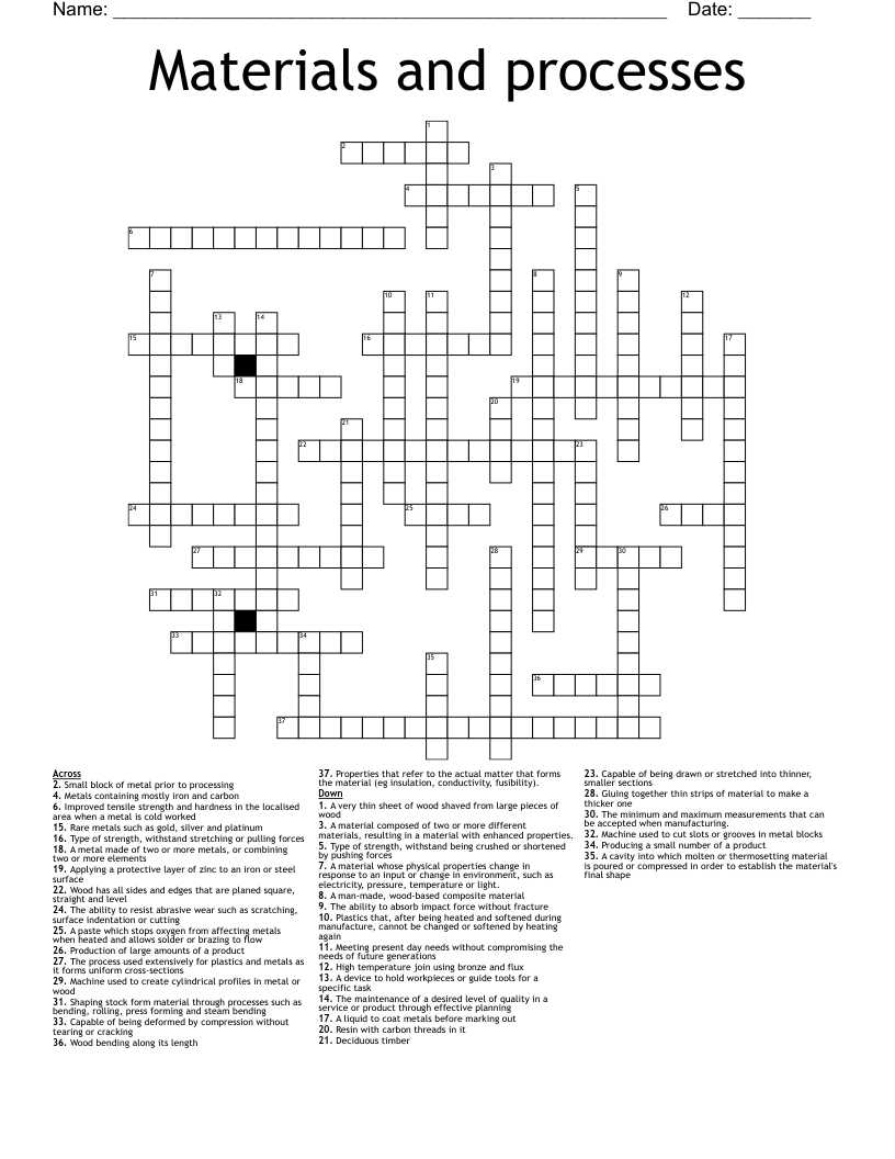 Materials and processes Crossword