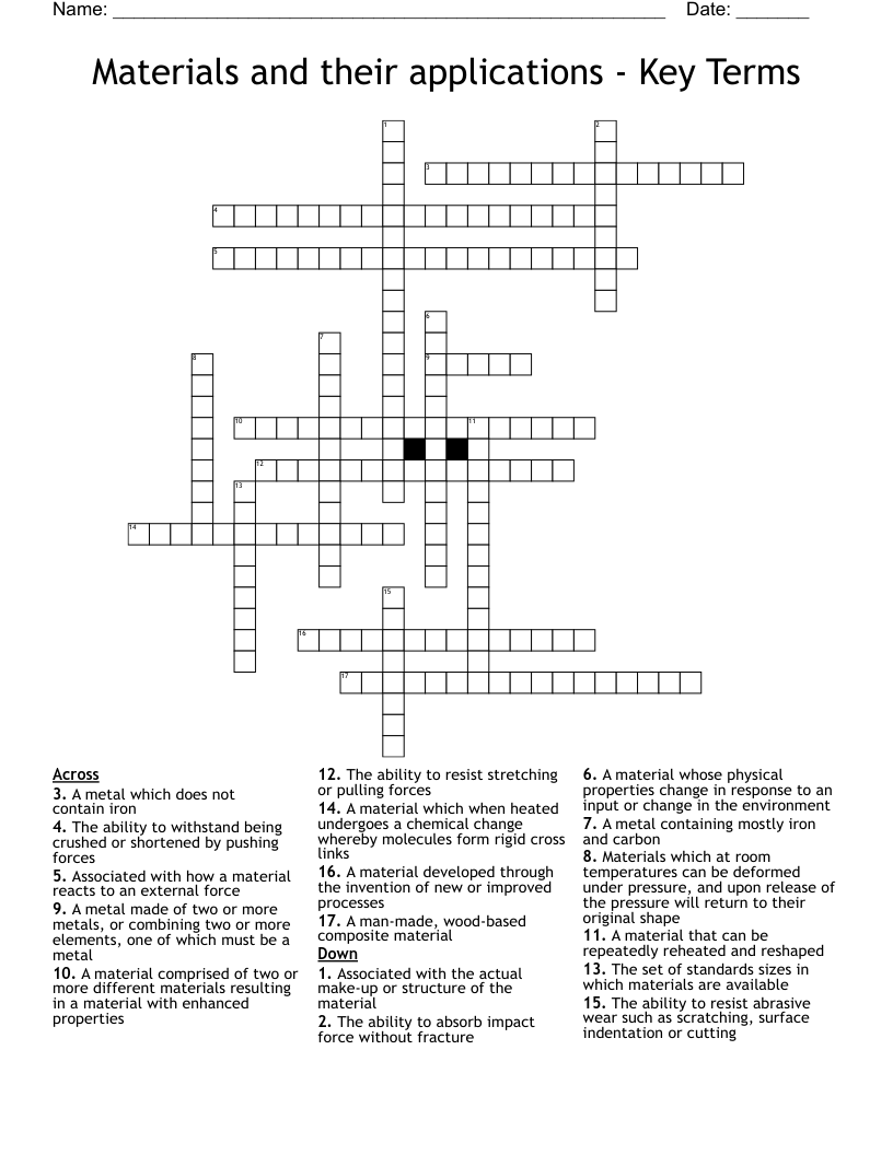 Materials and their applications - Key Terms Crossword
