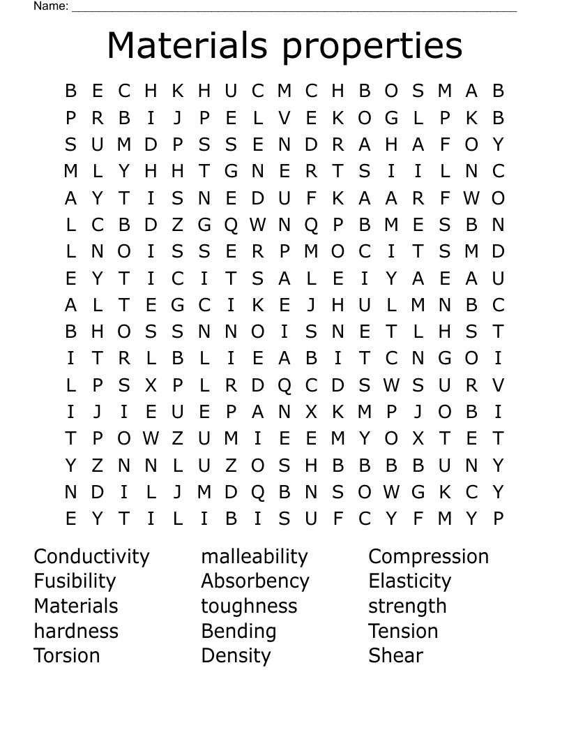 Materials properties Word Search
