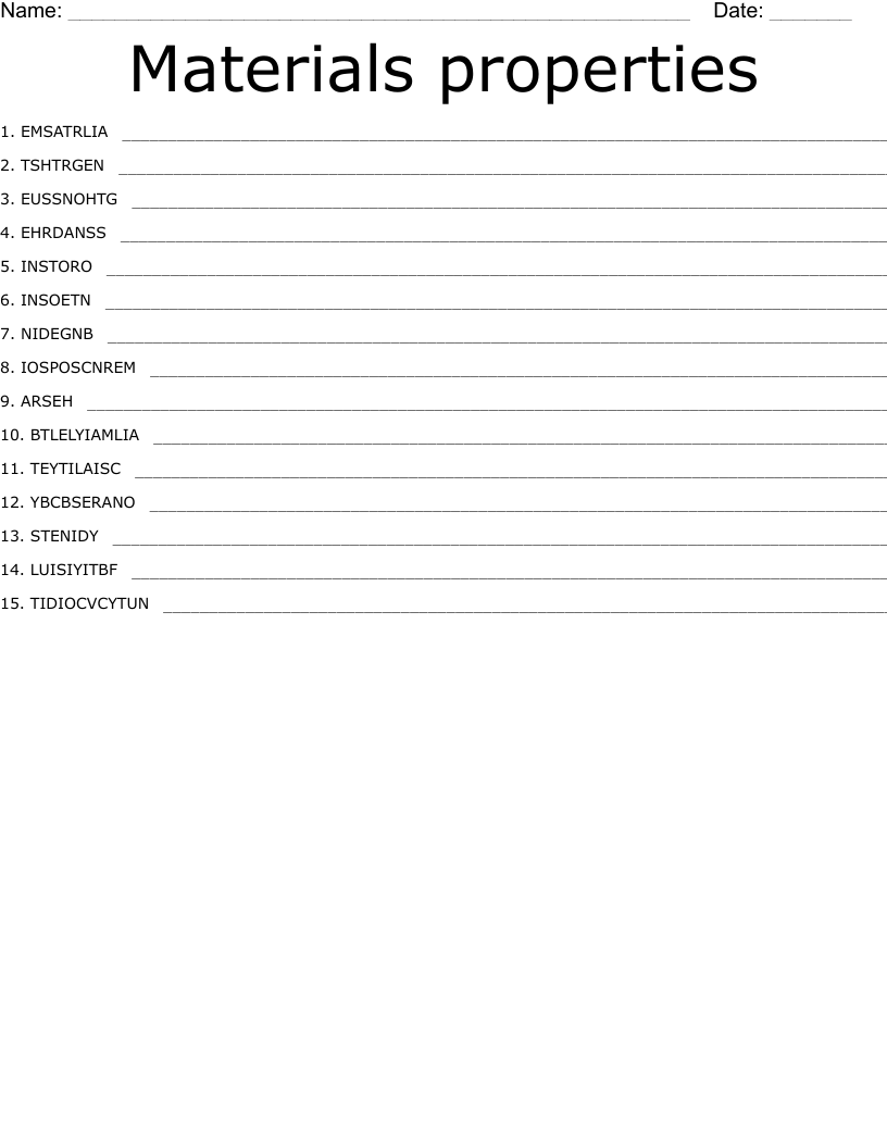Materials properties Word Scramble