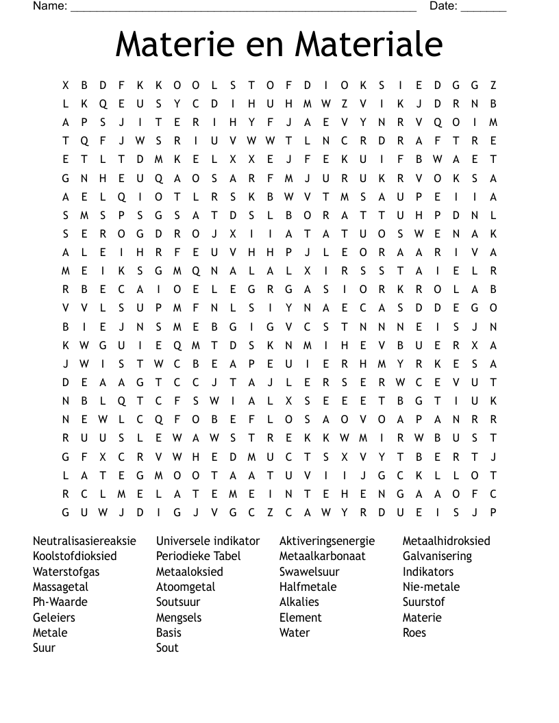 Materie en Materiale Word Search