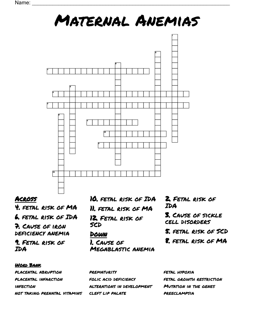 Maternal Anemias Crossword