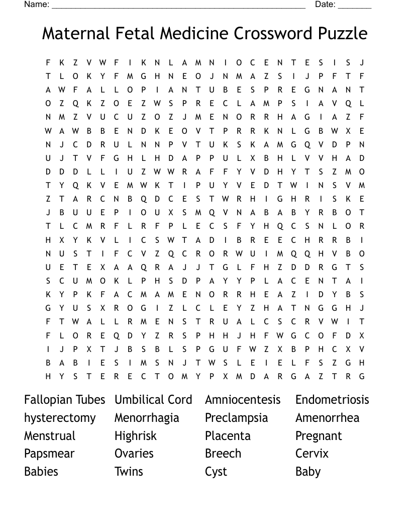 Maternal Fetal Medicine Crossword Puzzle Word Search