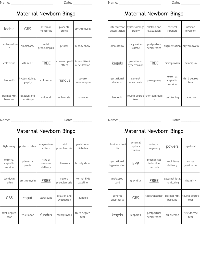 Maternal Newborn Bingo