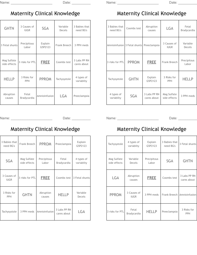 Maternity Clinical Knowledge Bingo Cards