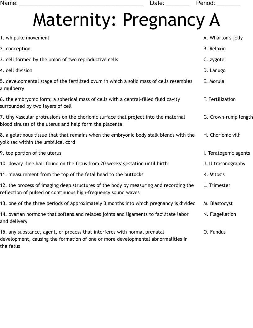 Maternity: Pregnancy A Worksheet