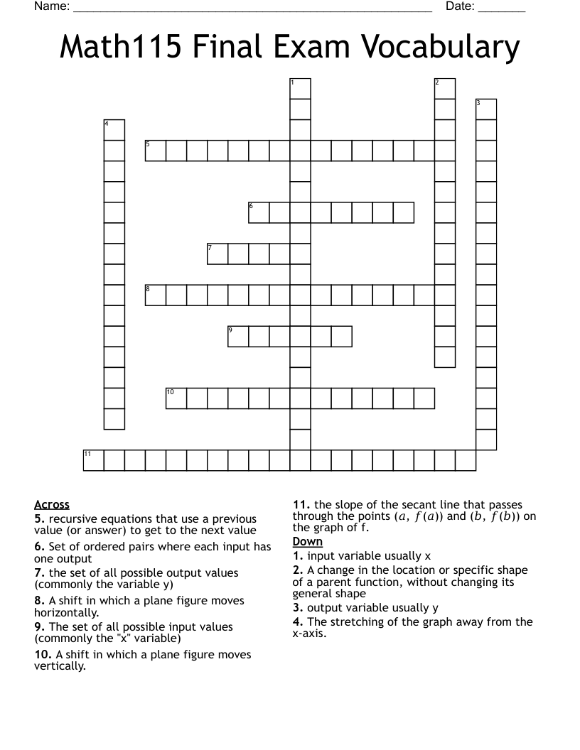 Math115 Final Exam Vocabulary Crossword