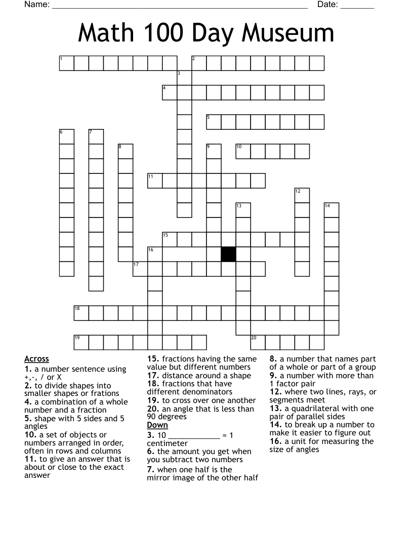 Math 100 Day Museum Crossword