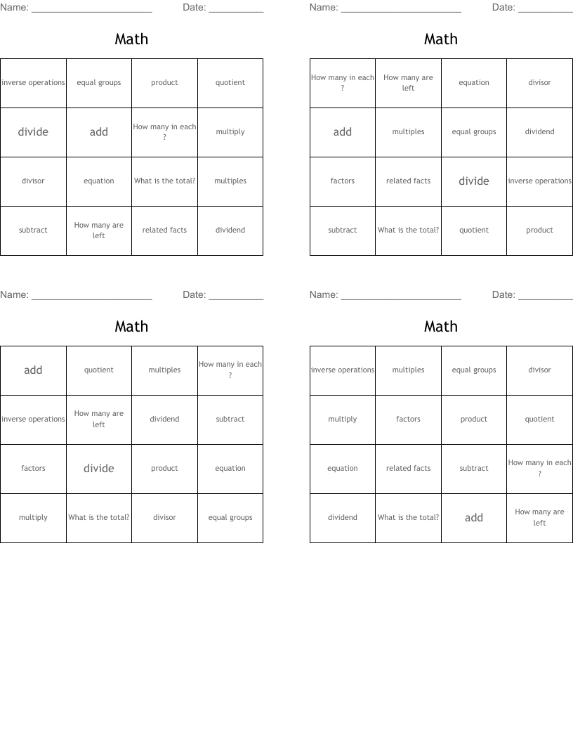 Math Bingo Cards