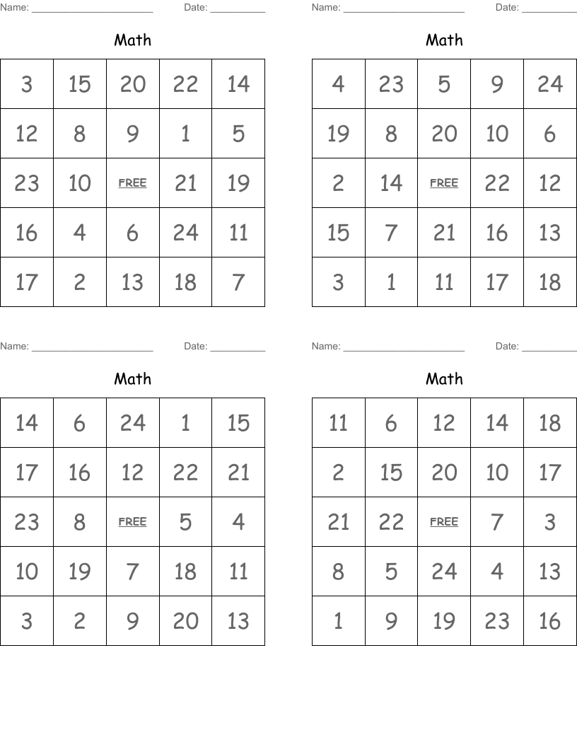 Math Bingo Cards