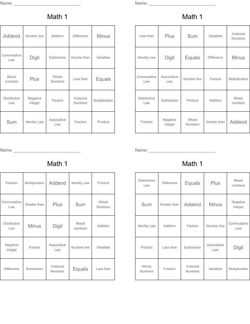 Math 1 Bingo Cards