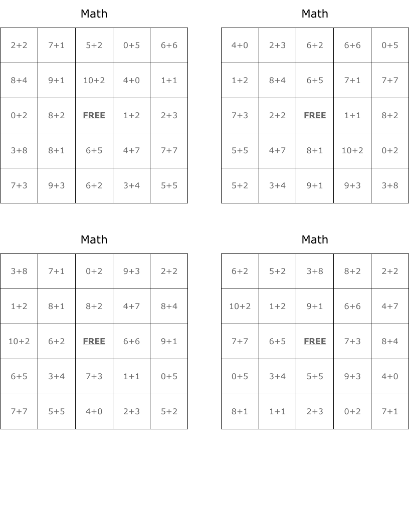 Math Bingo Cards