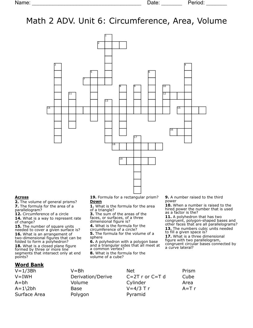Math 2 ADV. Unit 6: Circumference, Area, Volume Crossword