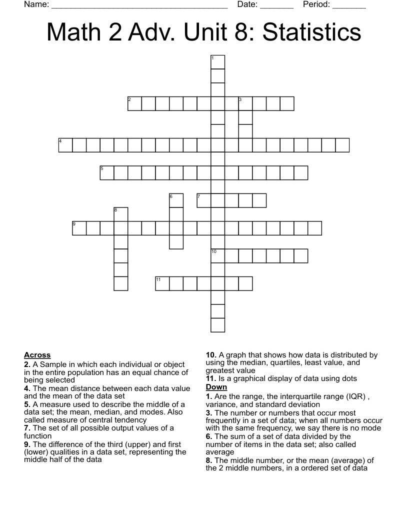 Math 2 Adv. Unit 8: Statistics  Crossword