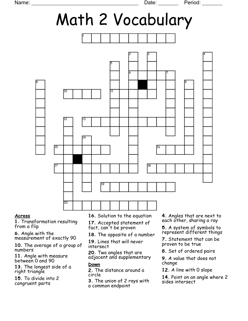 Math 2 Vocabulary Crossword