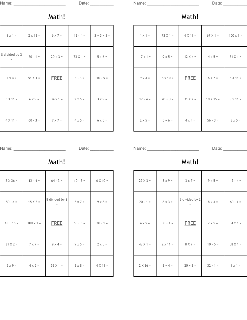 Math! Bingo Cards