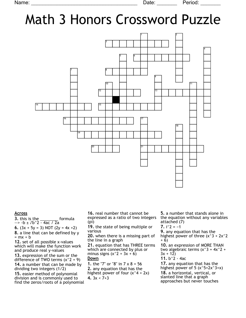Math 3 Honors Crossword Puzzle