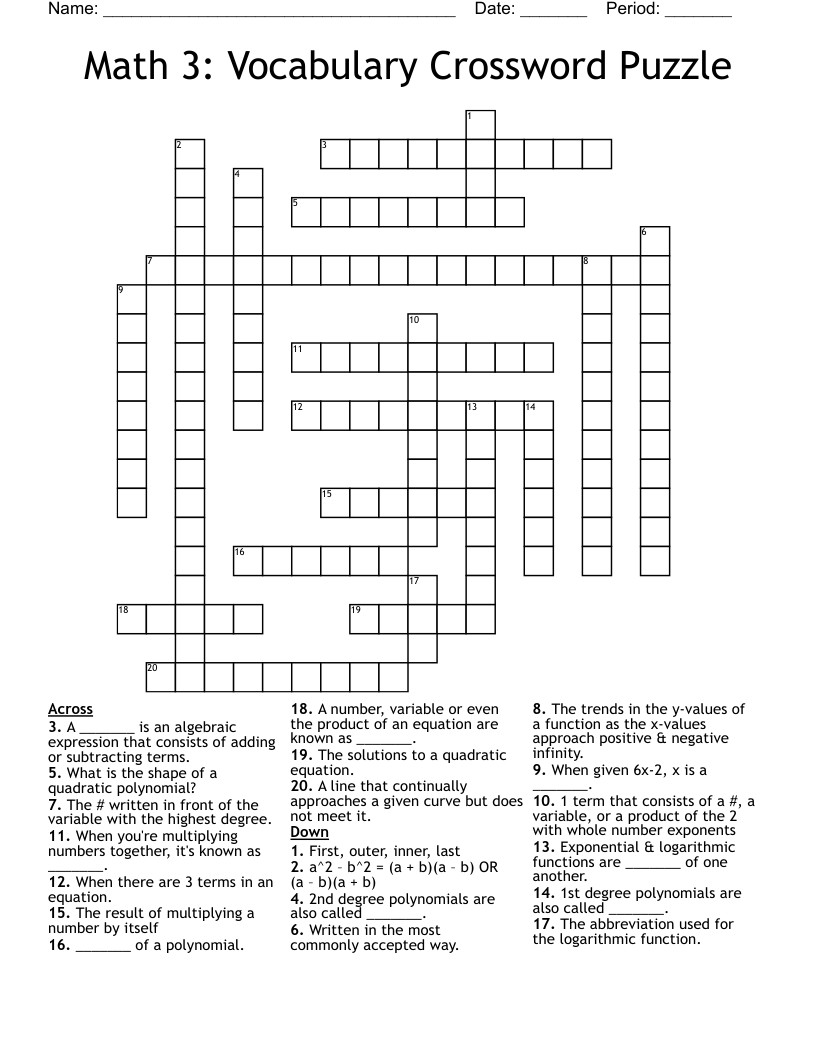 Math 3: Vocabulary Crossword Puzzle