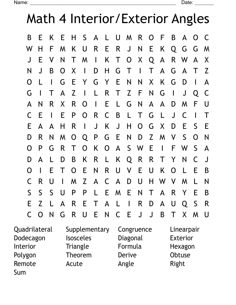 Math 4 Interior/Exterior Angles  Word Search