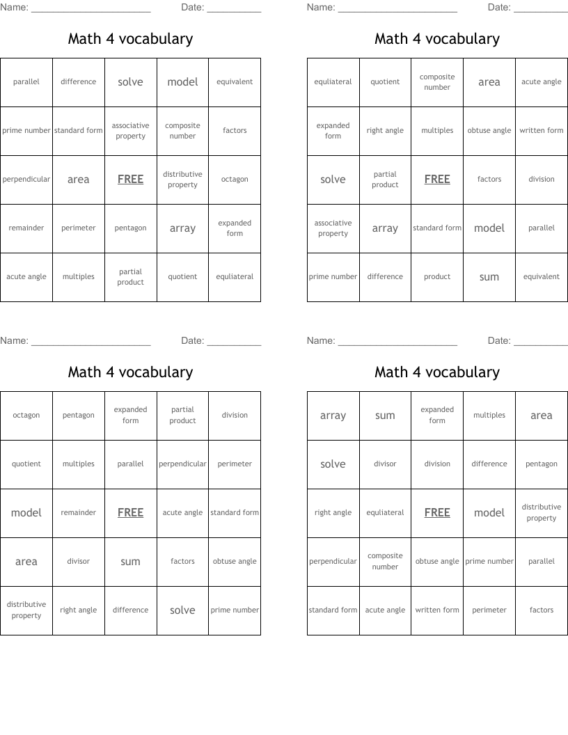 Math 4 vocabulary Bingo Cards