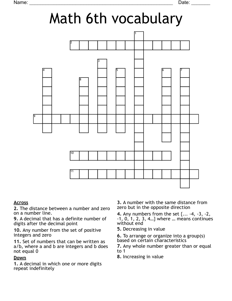 Math 6th vocabulary Crossword
