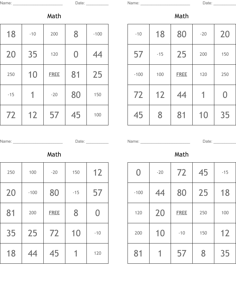 Math Bingo Cards