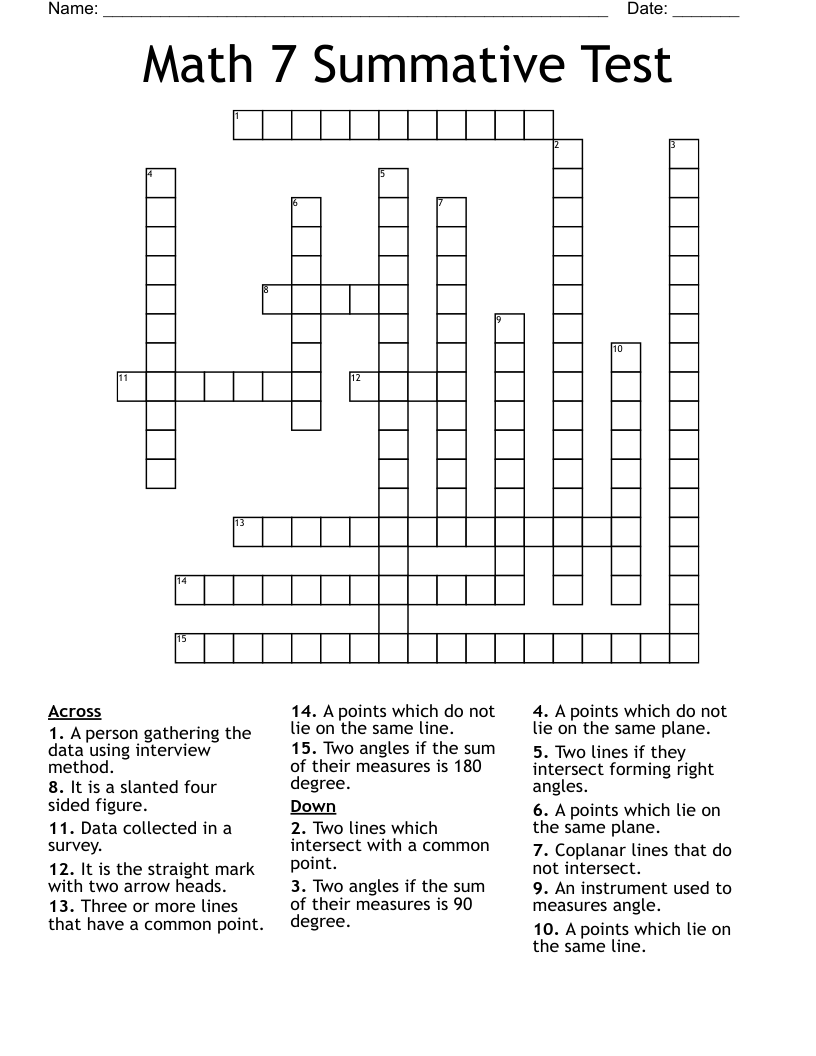 Math 7 Summative Test Crossword