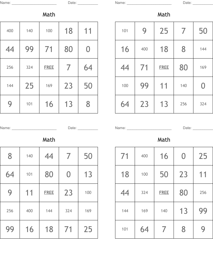 Math Bingo Cards