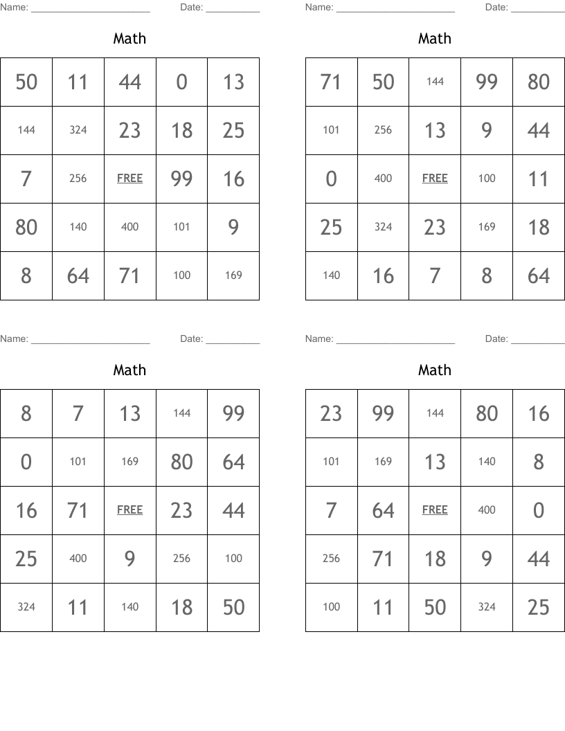 Math Bingo Cards