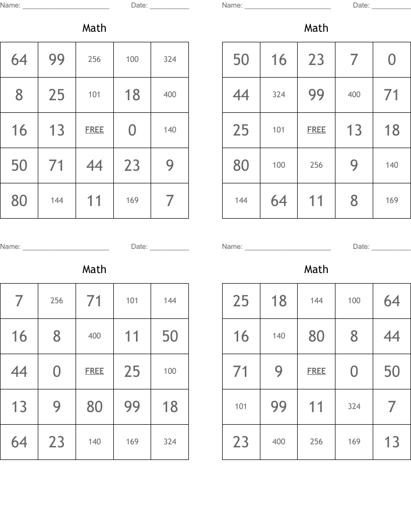 Math Bingo Cards