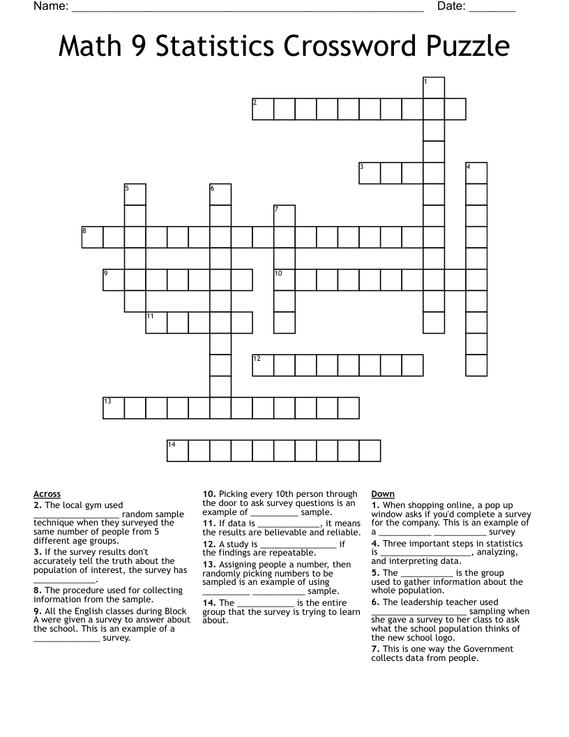 Math 9 Statistics Crossword Puzzle