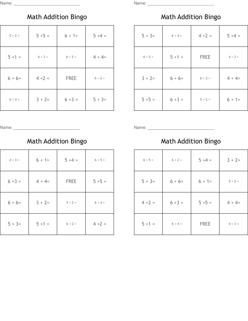 Math Addition Bingo