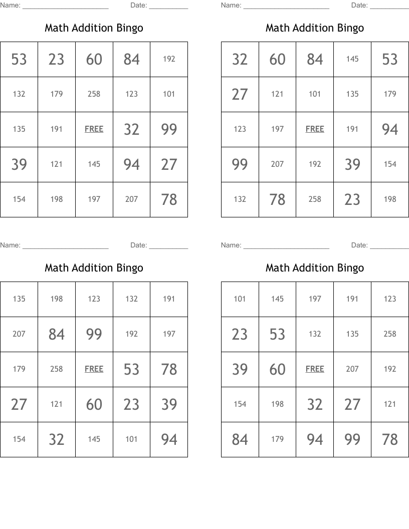 Math Addition Bingo