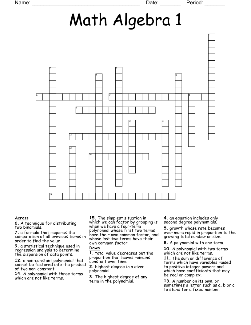 Math Algebra 1 Crossword