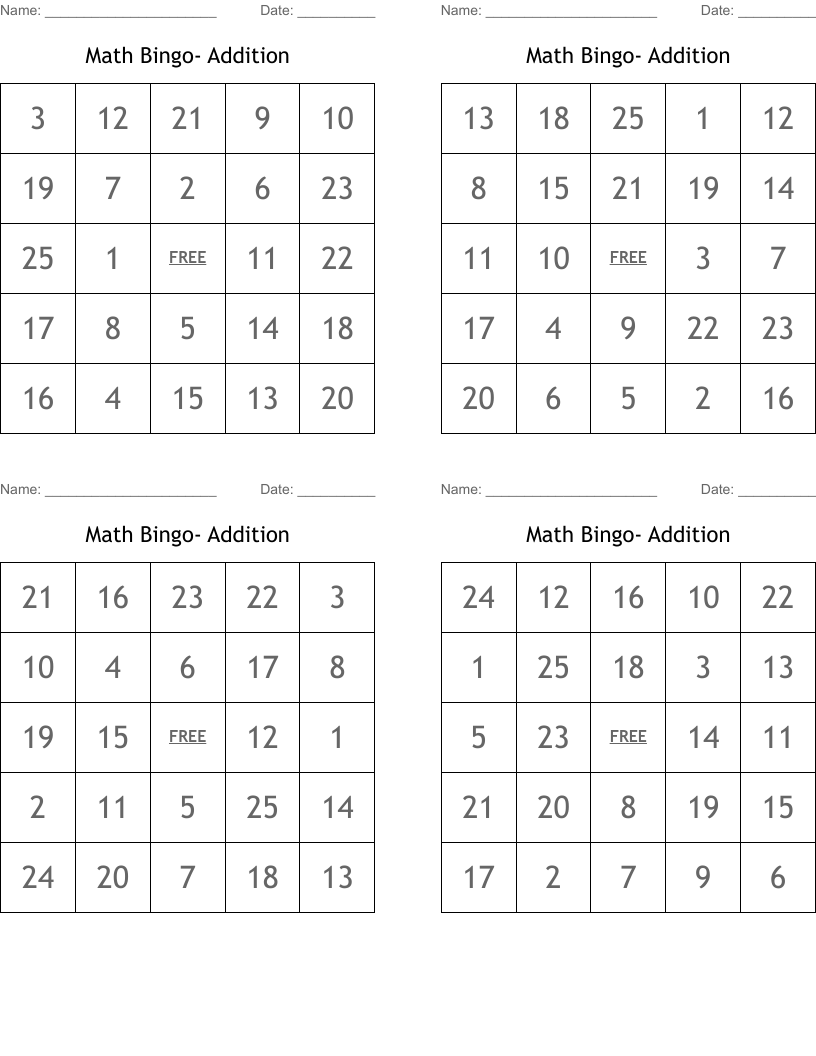 Math Bingo- Addition