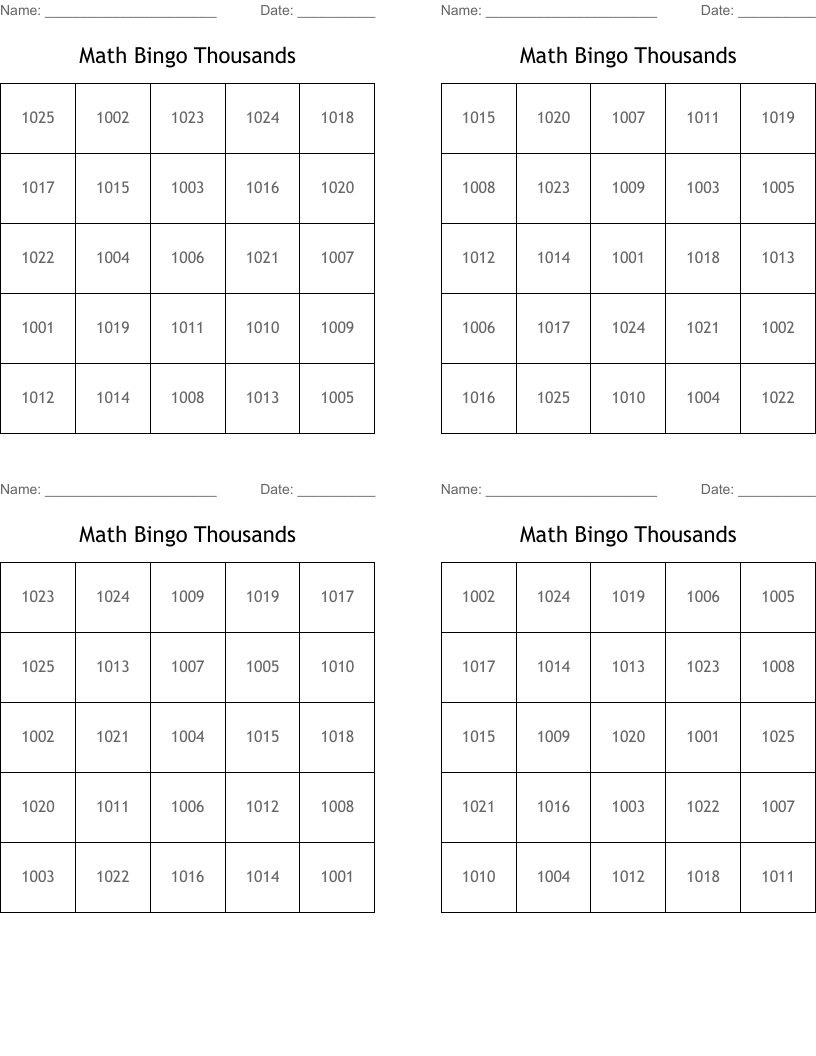Math Bingo Thousands