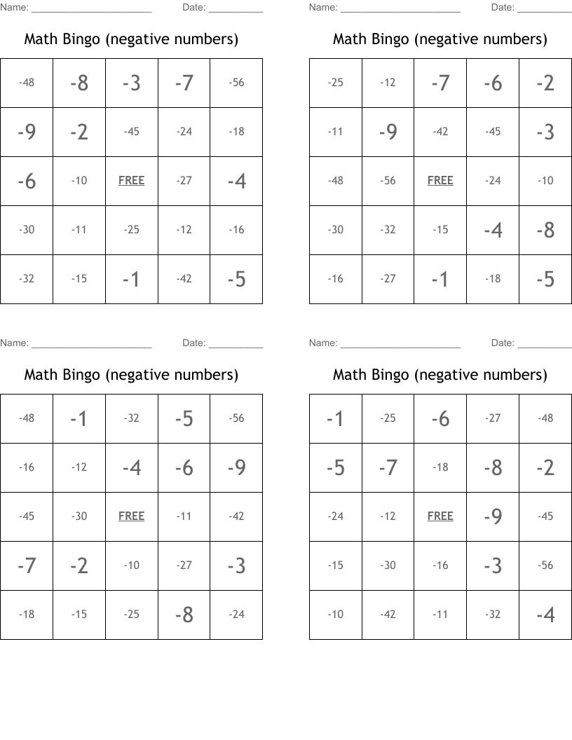 Math Bingo (negative numbers)