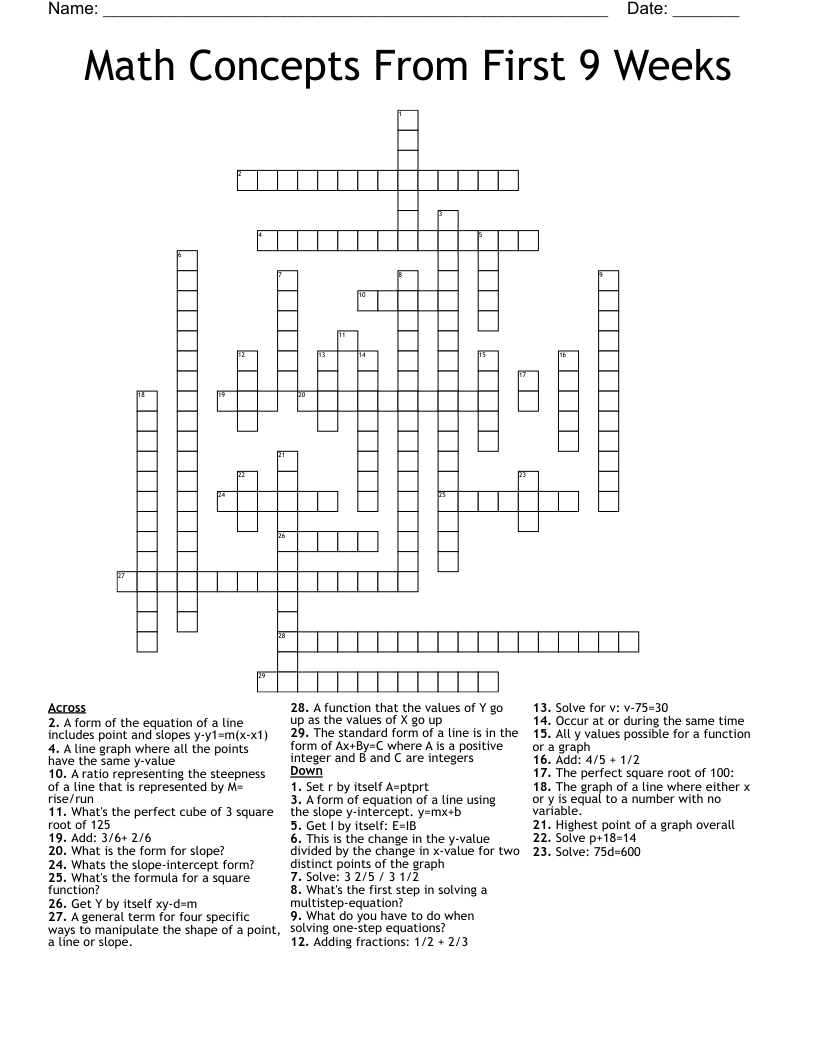 Math Concepts From First 9 Weeks Crossword