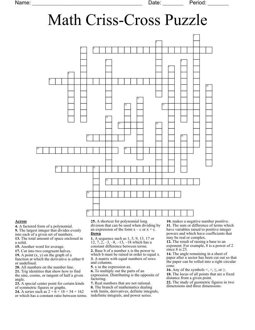 Math Criss-Cross Puzzle Crossword