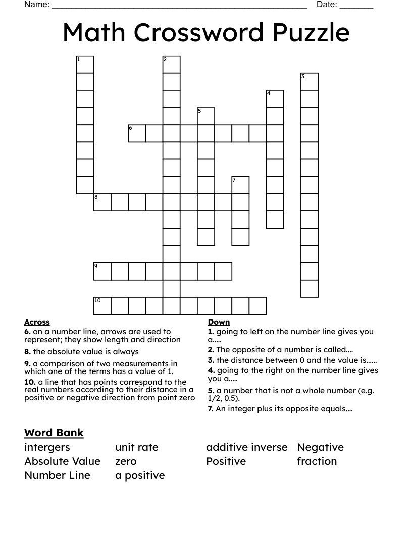 Math Crossword Puzzle 
