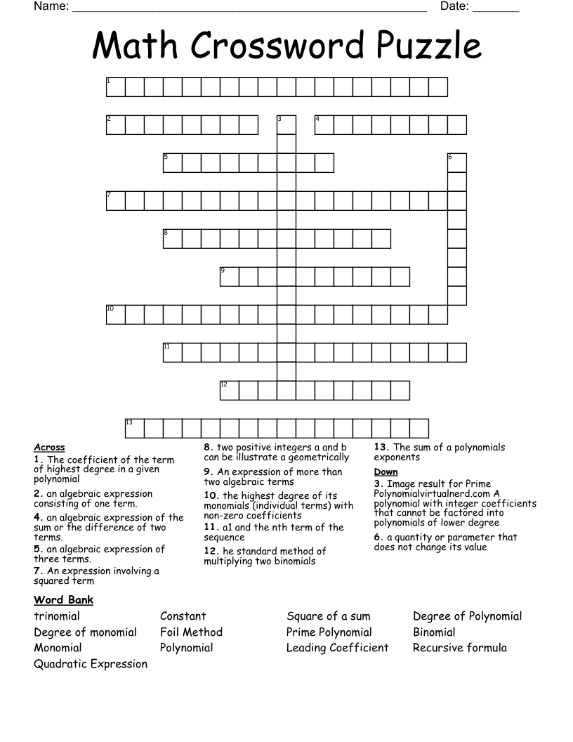Math Crossword Puzzle 